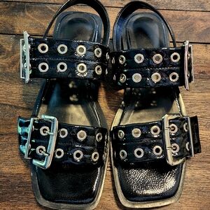 Faux Patent Sandals with Buckles, Grommets, Low heel, EUC